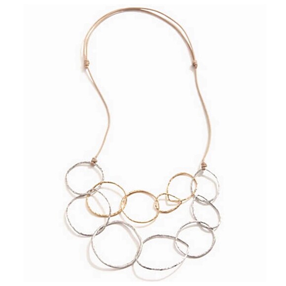 J. Jill Modern Rings Layered Hammered Necklace Silver Gold Tone Adjustable Cord - Picture 4 of 9